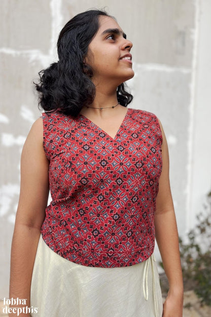 Red Ajrakh Onam Sleeveless Crop Top - Lobha Deepthis