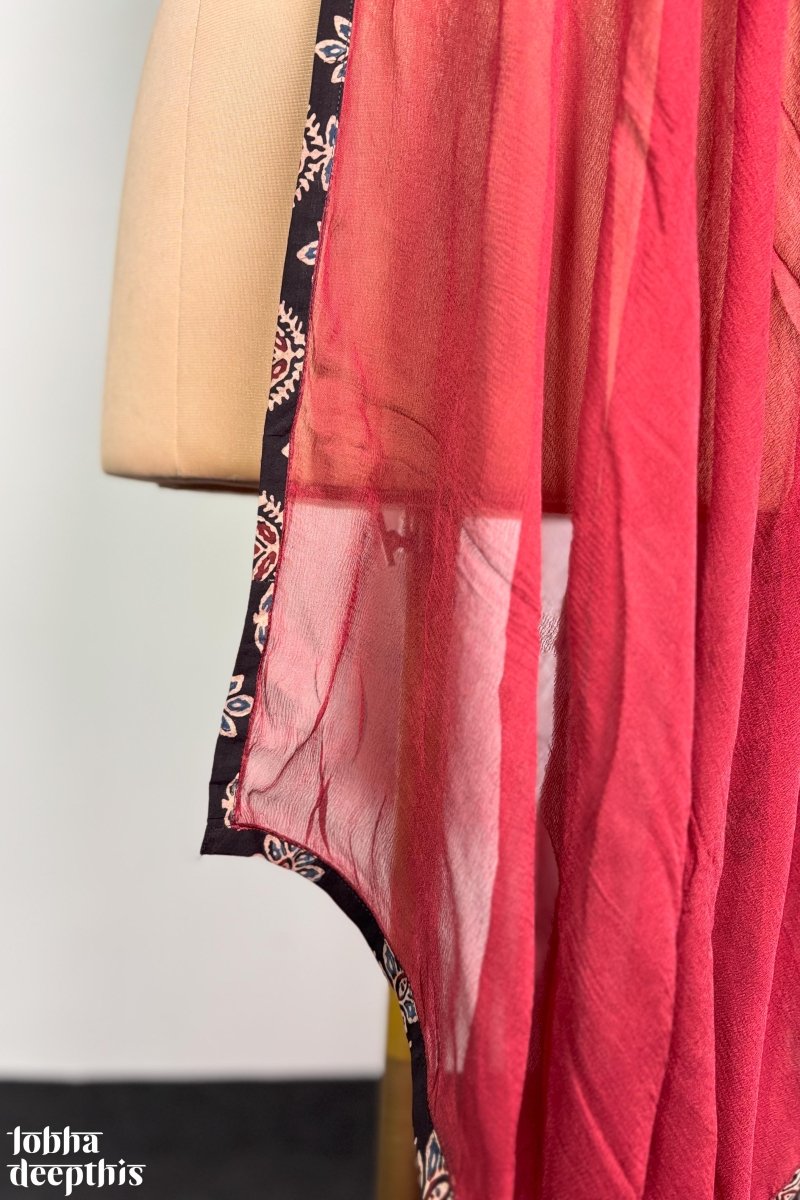 Red Chiffon with Ajrakh Border Dupatta - Lobha Deepthis