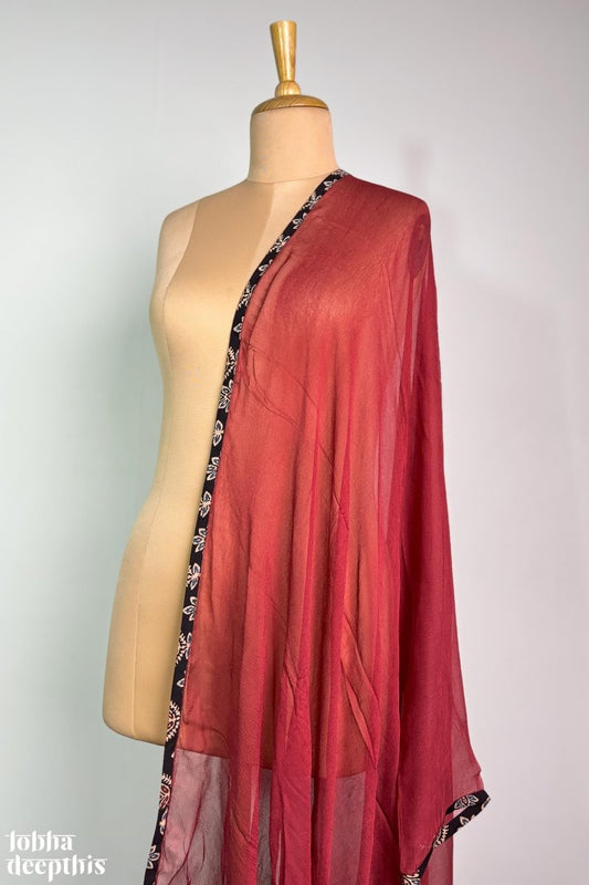 Red Chiffon with Ajrakh Border Dupatta - Lobha Deepthis