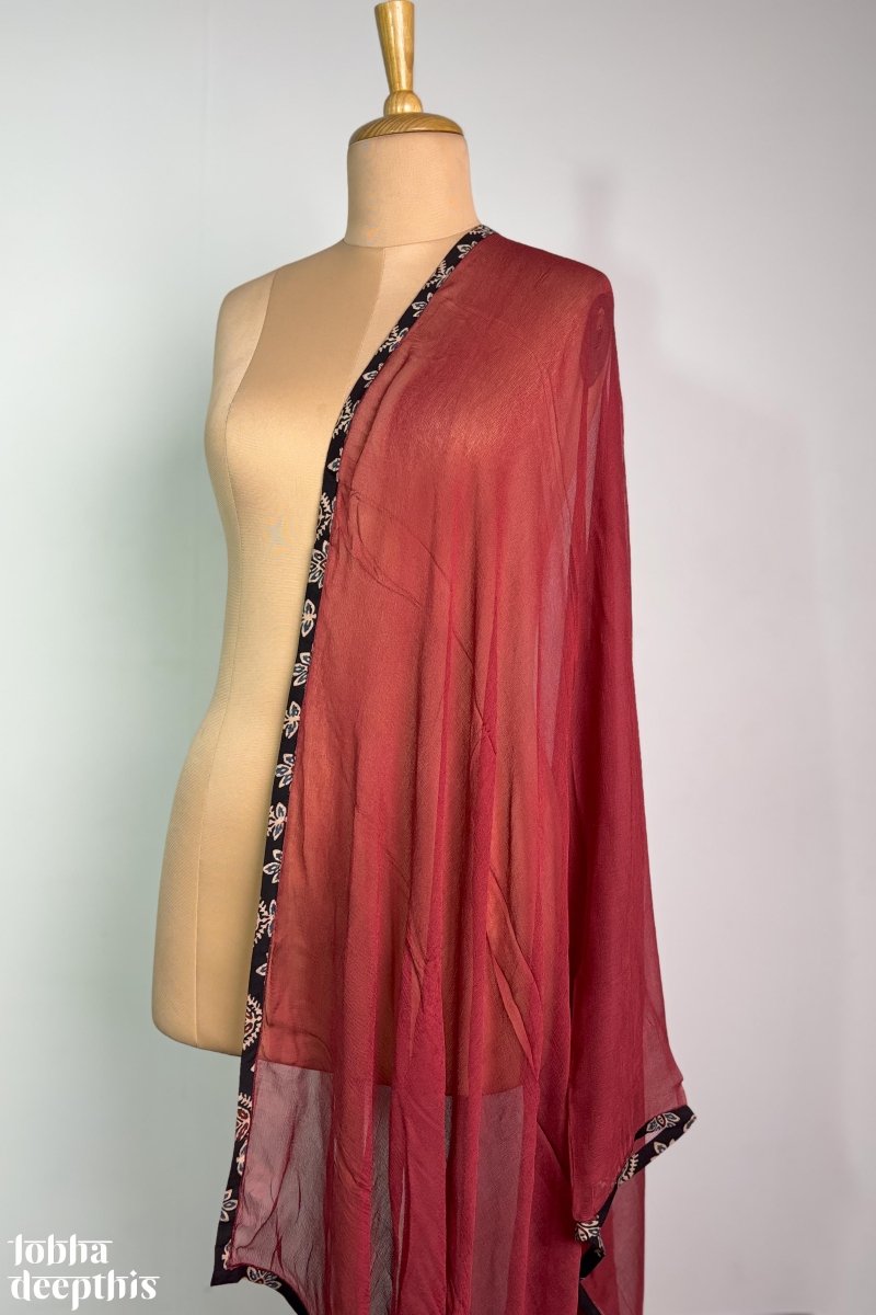 Red Chiffon with Ajrakh Border Dupatta - Lobha Deepthis