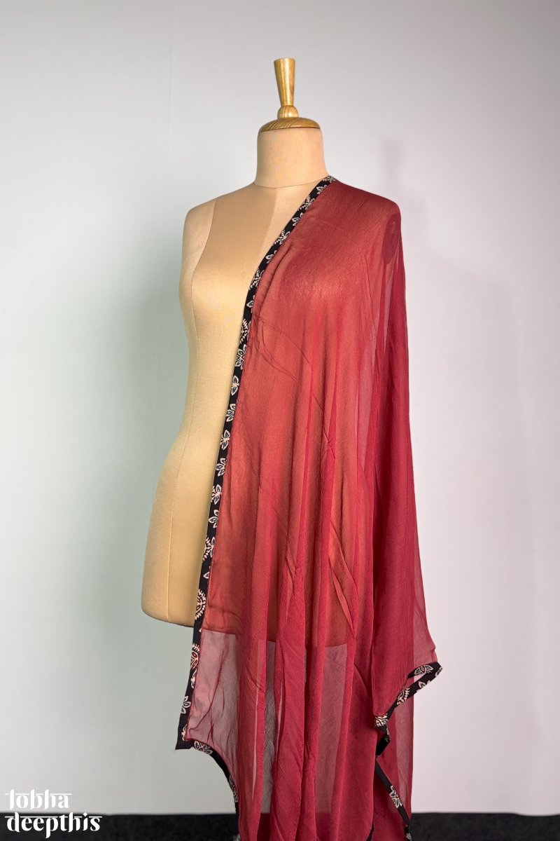 Red Chiffon with Ajrakh Border Dupatta - Lobha Deepthis