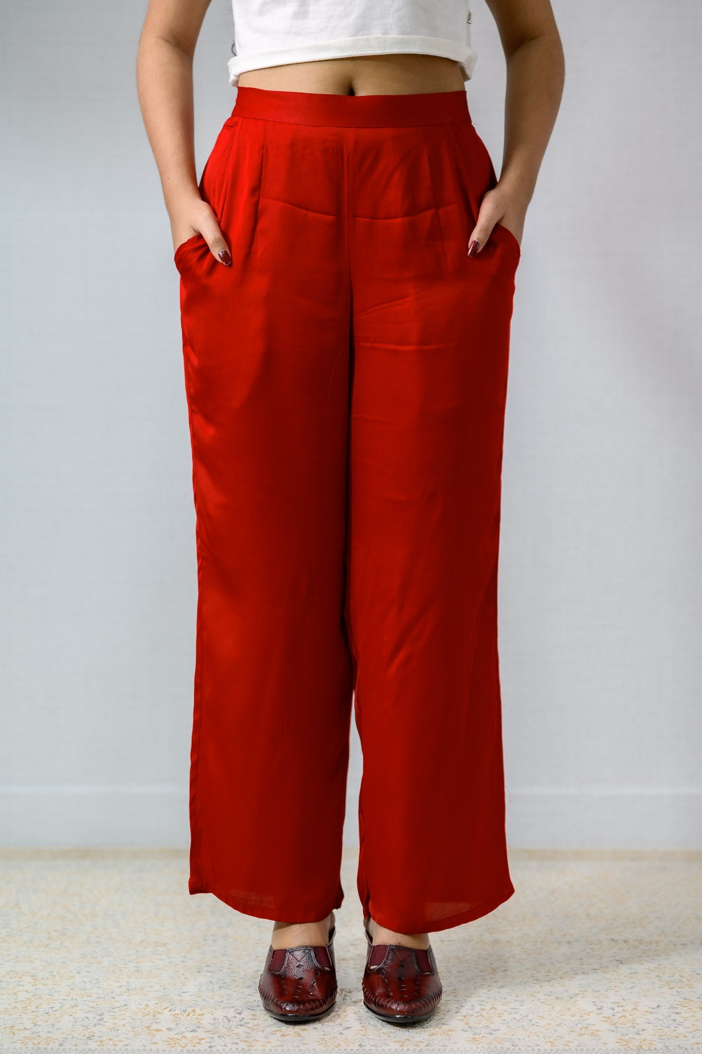 Parallel Pant Notes Plain Modal Red Parallel Pants with pockets- Lobha Deepthis