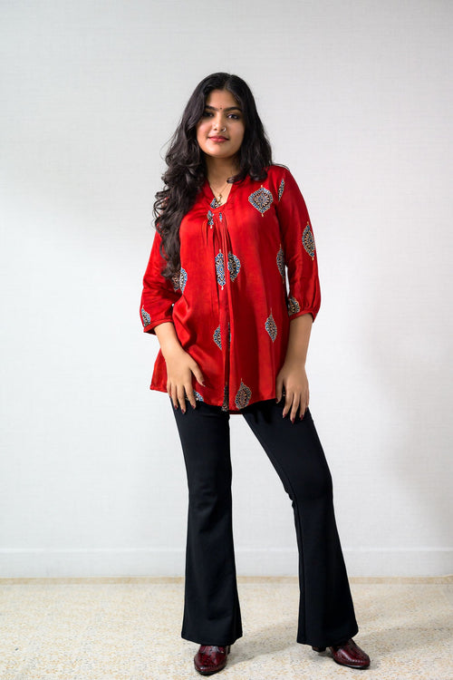 Red Pihu Blooms Modal Short top - Lobha Deepthis