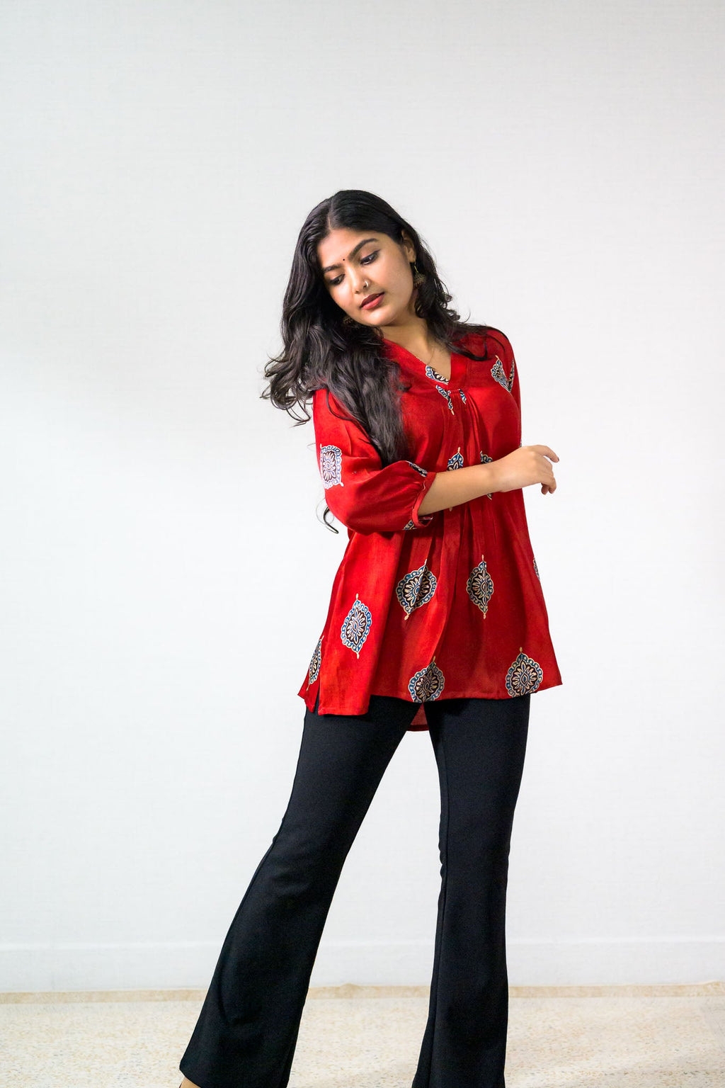 Red Pihu Blooms Modal Short top - Lobha Deepthis