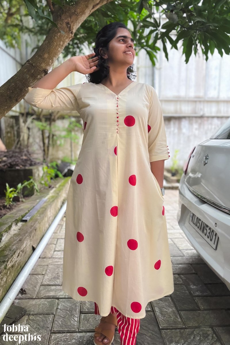 Red Polkas on Cream Box Pleat Kurta - Lobha Deepthis