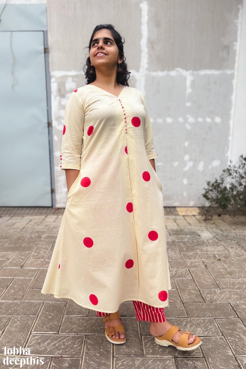 Red Polkas on Cream Box Pleat Kurta - Lobha Deepthis