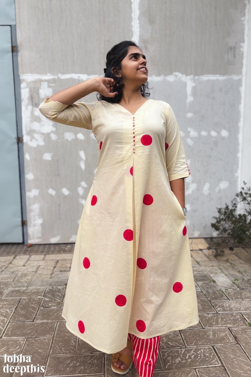 Red Polkas on Cream Box Pleat Kurta - Lobha Deepthis