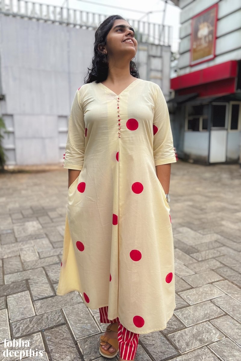 Red Polkas on Cream Box Pleat Kurta - Lobha Deepthis