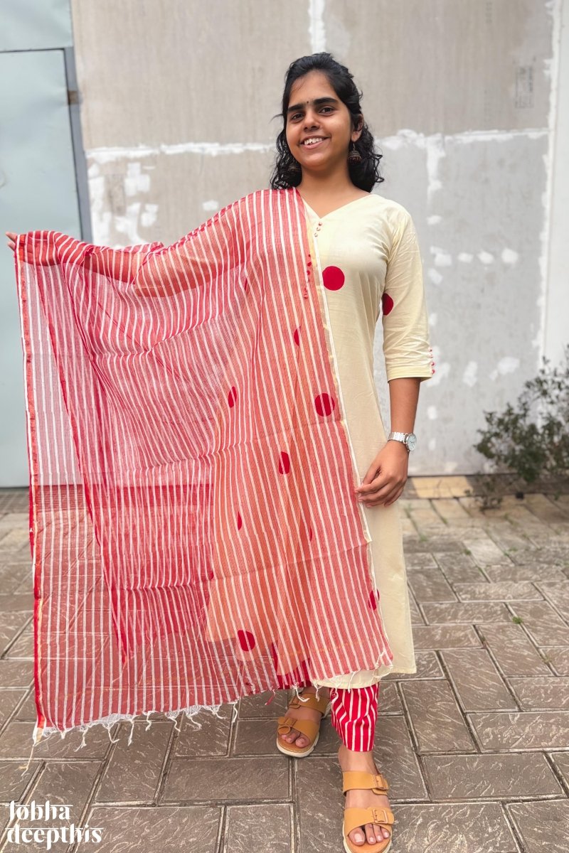 Red Polkas on Cream Box Pleat Kurta - Lobha Deepthis