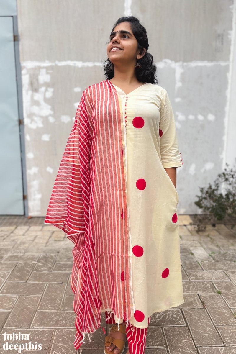 Red Polkas on Cream Box Pleat Kurta - Lobha Deepthis