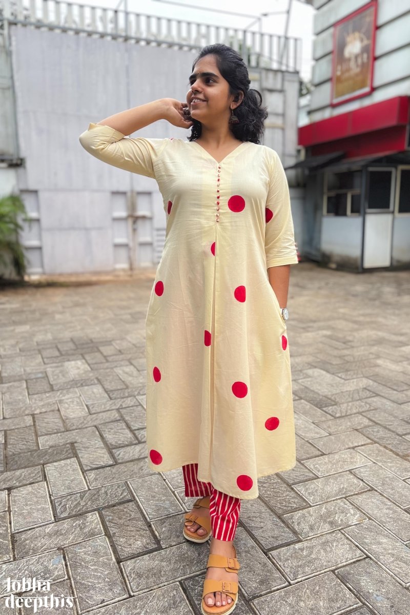 Red Polkas on Cream Box Pleat Kurta - Lobha Deepthis