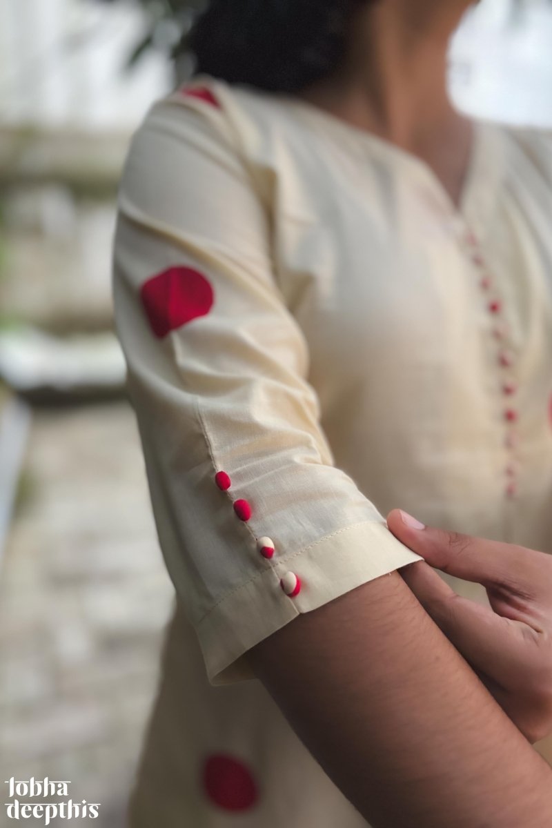 Red Polkas on Cream Box Pleat Kurta - Lobha Deepthis