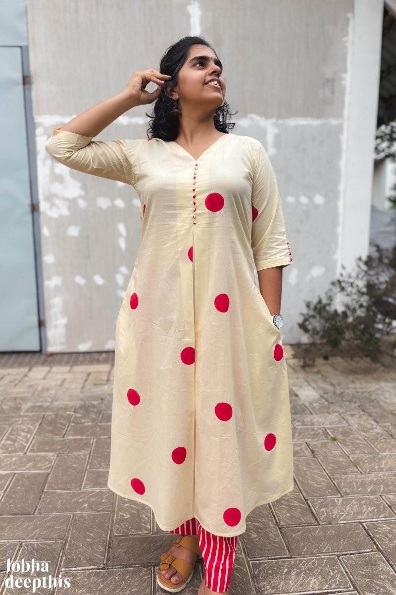 Red Polkas on Cream Box Pleat Kurta - Lobha Deepthis