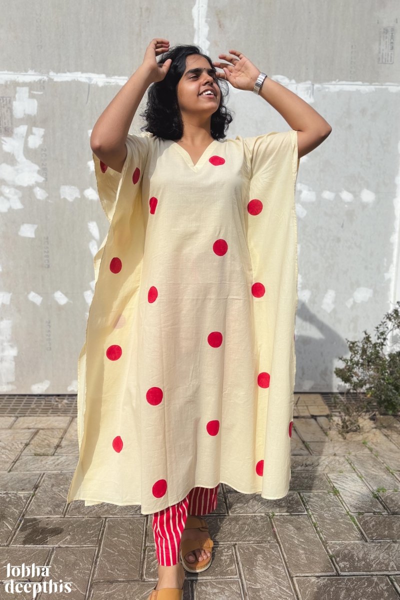 Red Polkas on Cream Kaftan - Lobha Deepthis