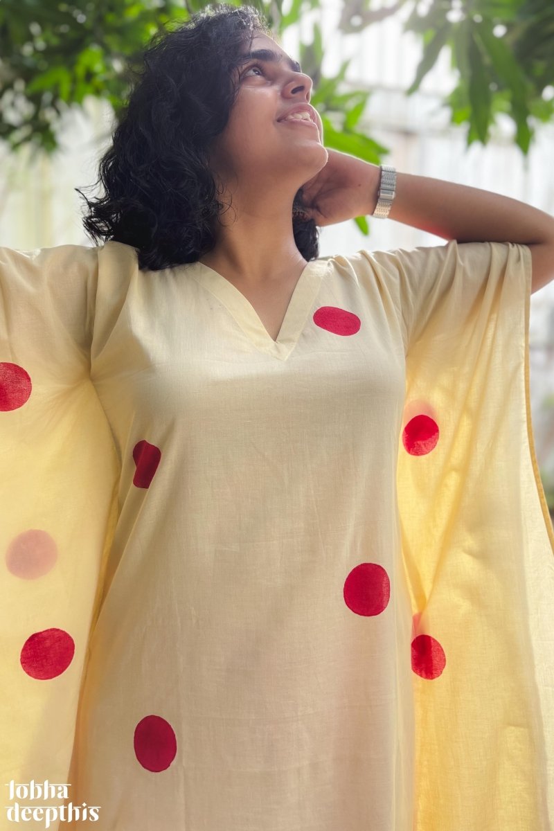 Red Polkas on Cream Kaftan - Lobha Deepthis