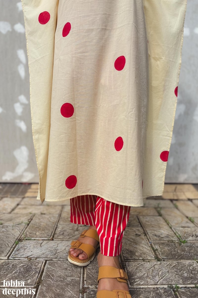 Red Polkas on Cream Kaftan - Lobha Deepthis