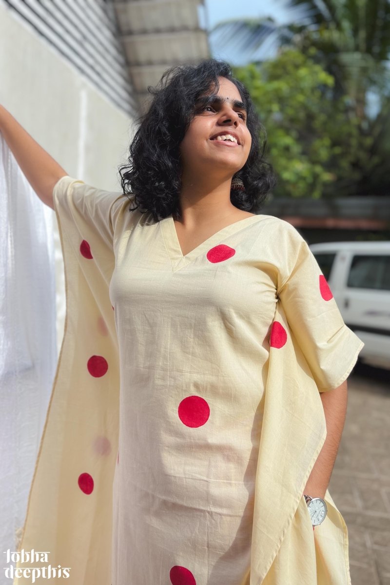 Red Polkas on Cream Kaftan - Lobha Deepthis