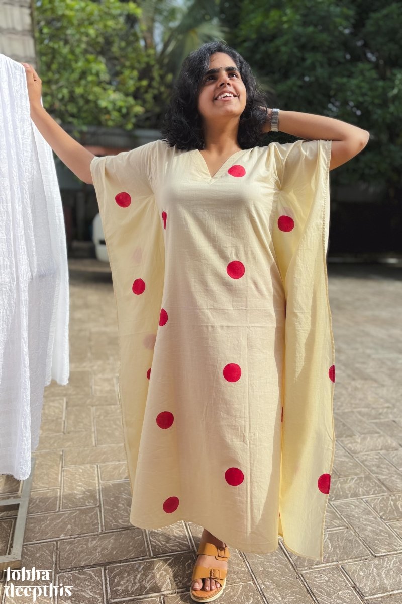 Red Polkas on Cream Kaftan - Lobha Deepthis