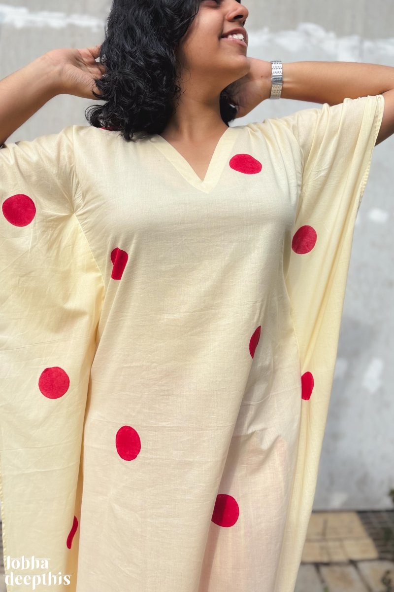 Red Polkas on Cream Kaftan - Lobha Deepthis