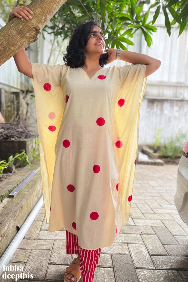 Red Polkas on Cream Kaftan - Lobha Deepthis