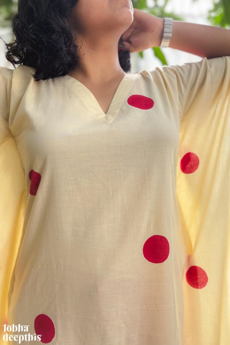 Red Polkas on Cream Kaftan - Lobha Deepthis