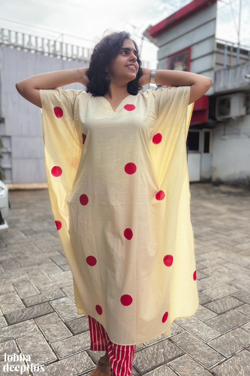 Red Polkas on Cream Kaftan - Lobha Deepthis