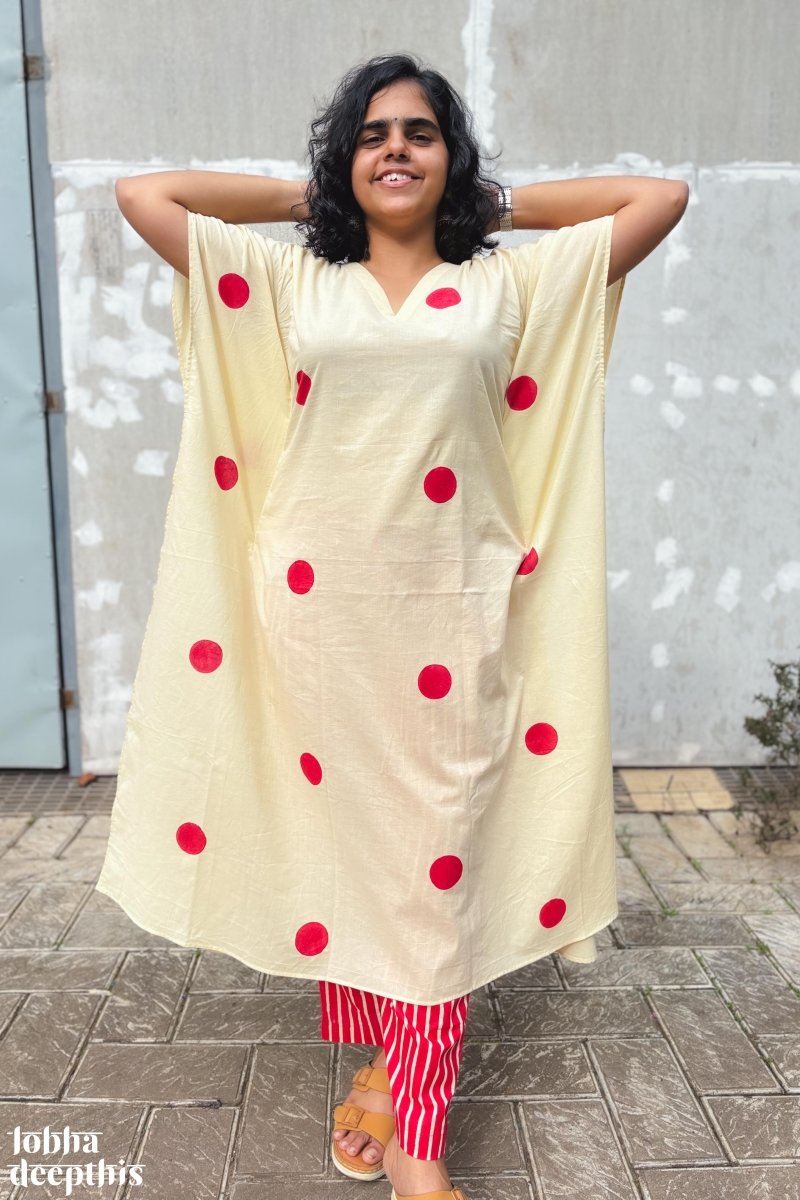 Red Polkas on Cream Kaftan - Lobha Deepthis