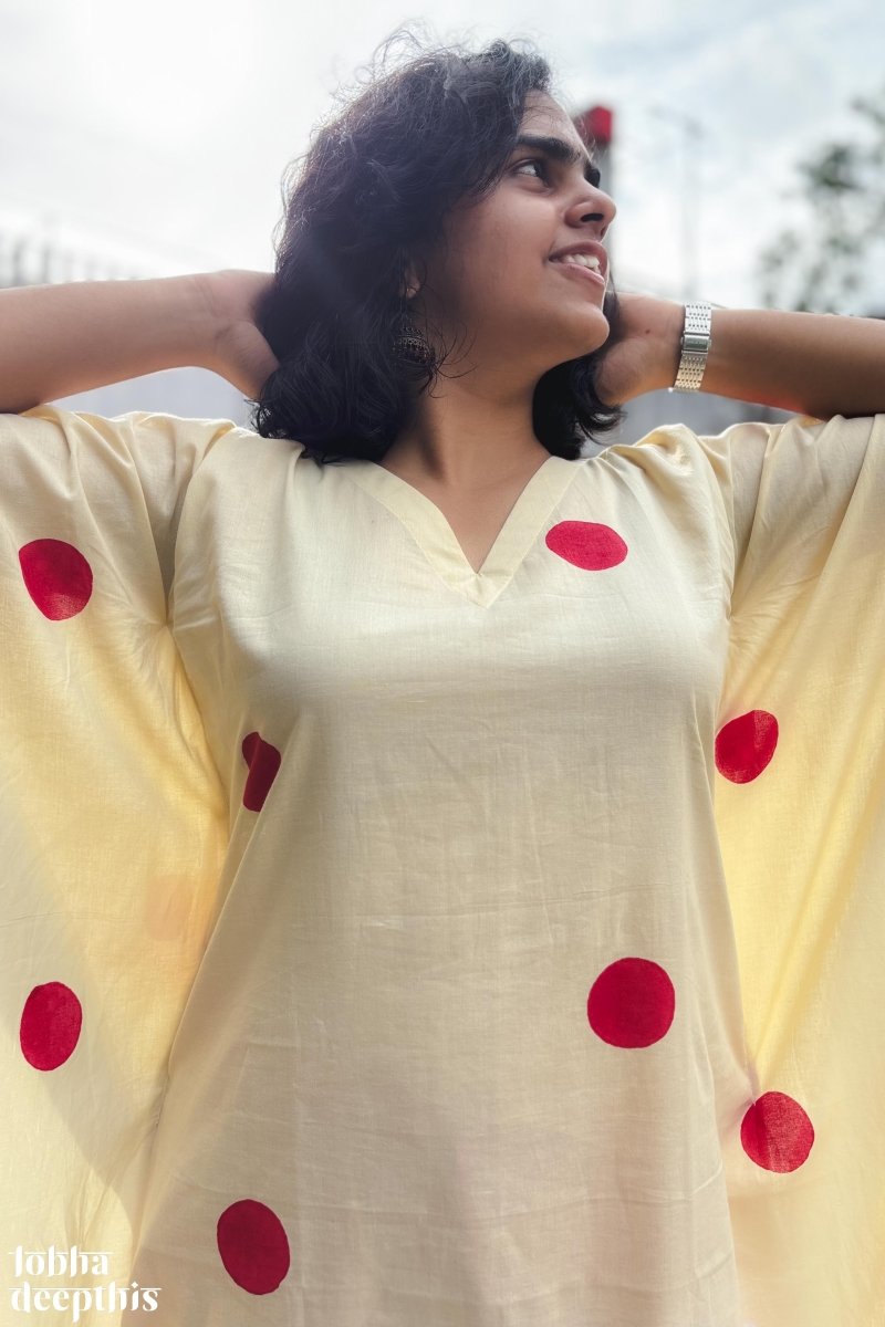 Red Polkas on Cream Kaftan - Lobha Deepthis