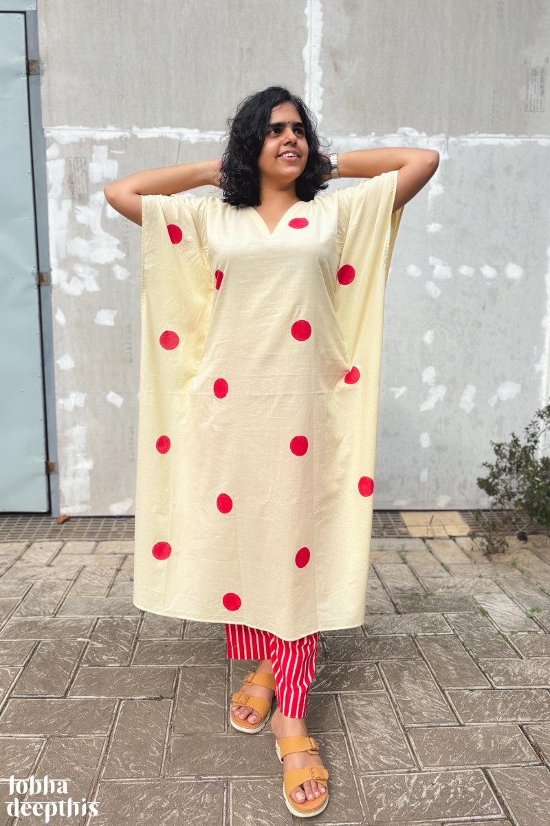 Red Polkas on Cream Kaftan - Lobha Deepthis