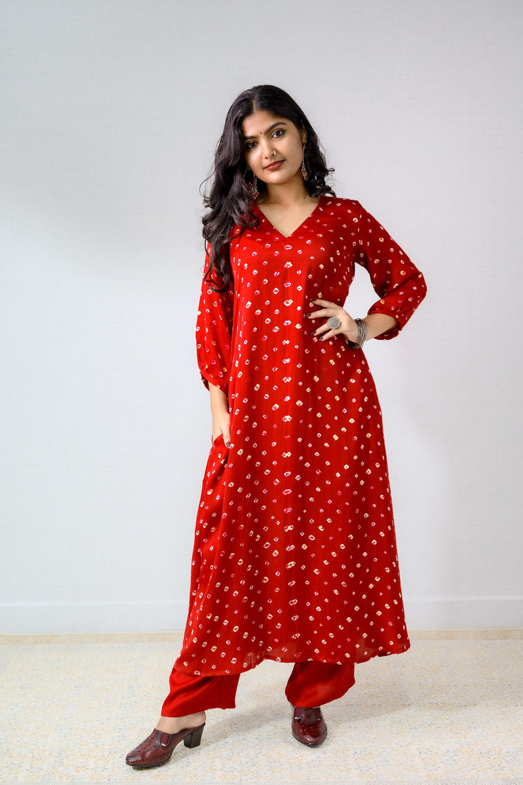 Red Rani Modal Bandhani Aline Kurta - Lobha Deepthis