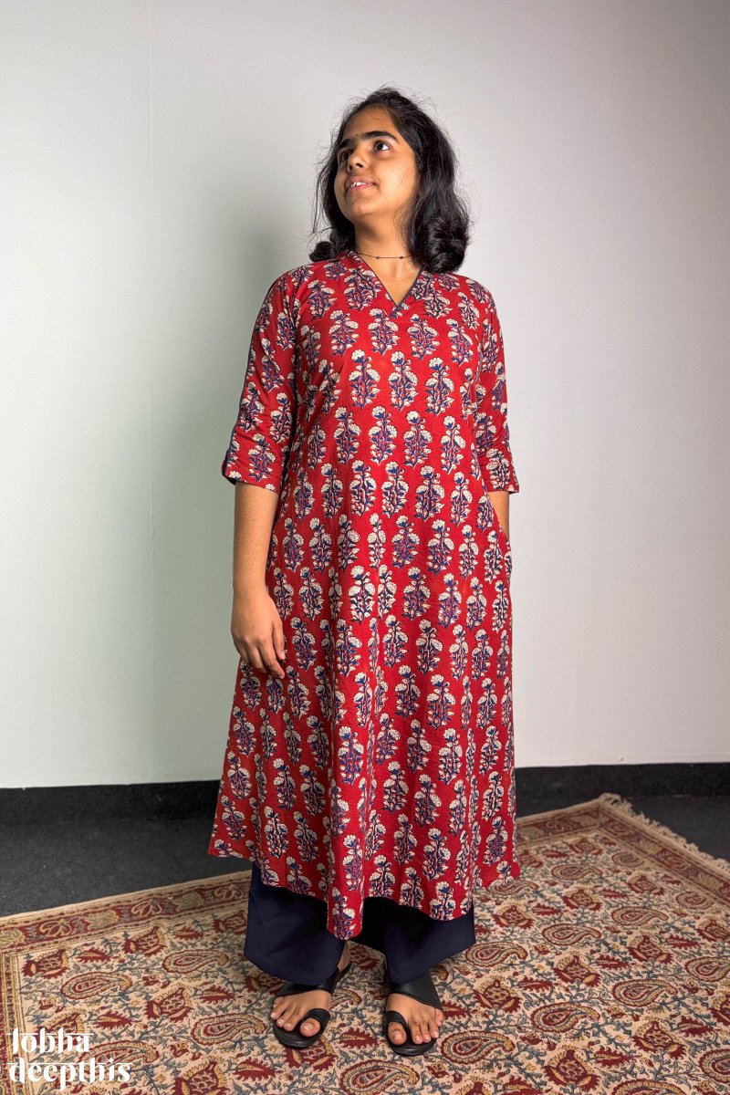 Red Ruby Bagru Aline Kurta - Lobha Deepthis