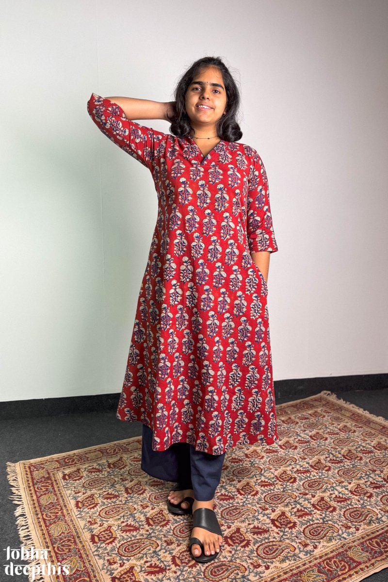 Red Ruby Bagru Aline Kurta - Lobha Deepthis