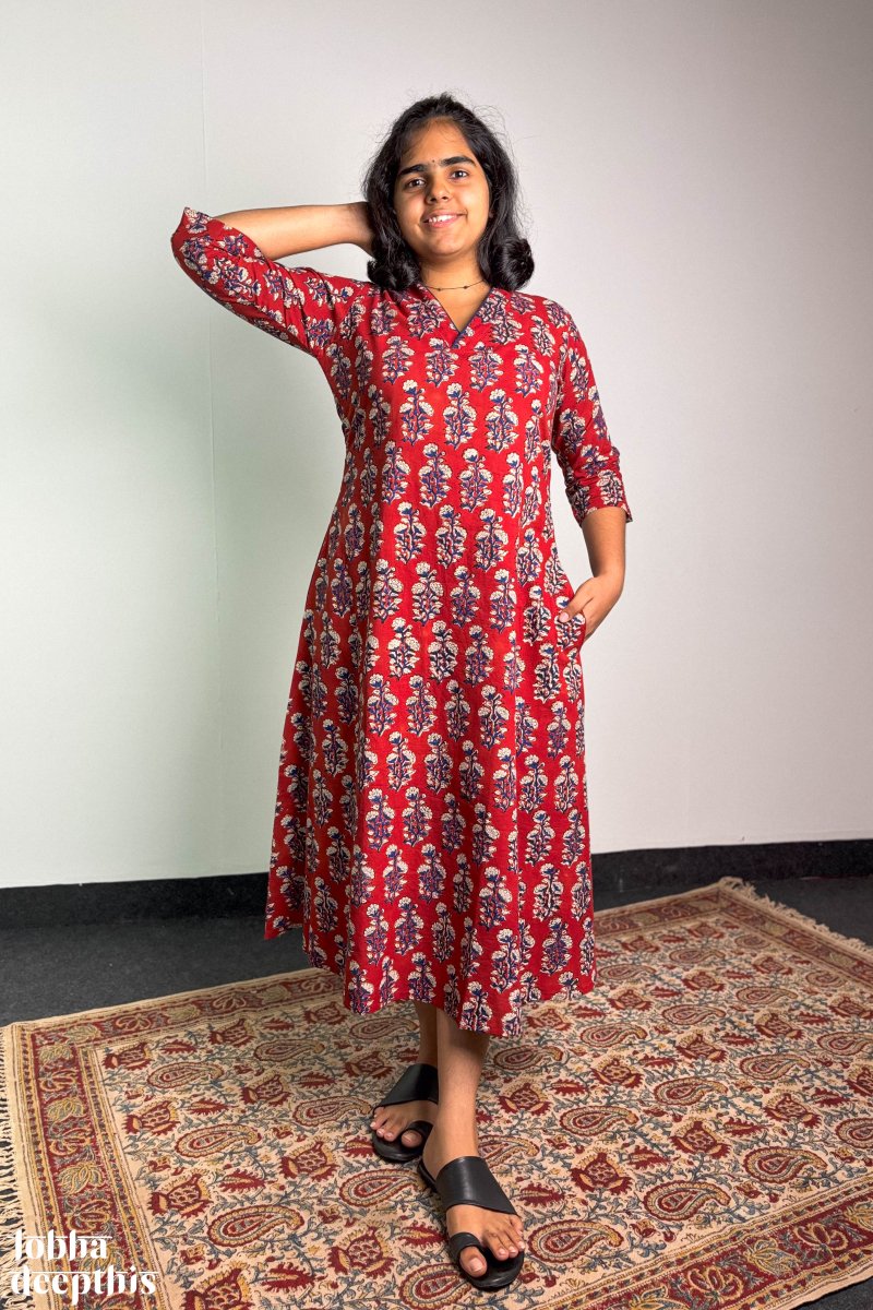 Red Ruby Bagru Aline Kurta - Lobha Deepthis