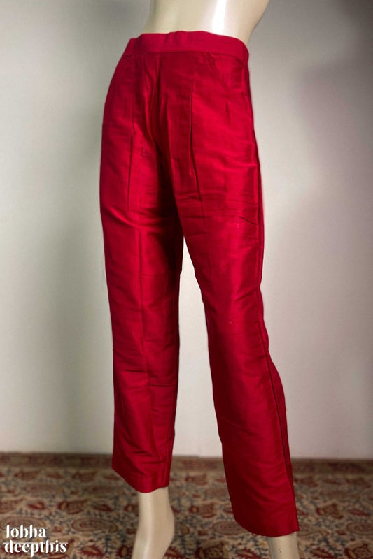 Red Slub Silk Pencil Pants - Lobha Deepthis