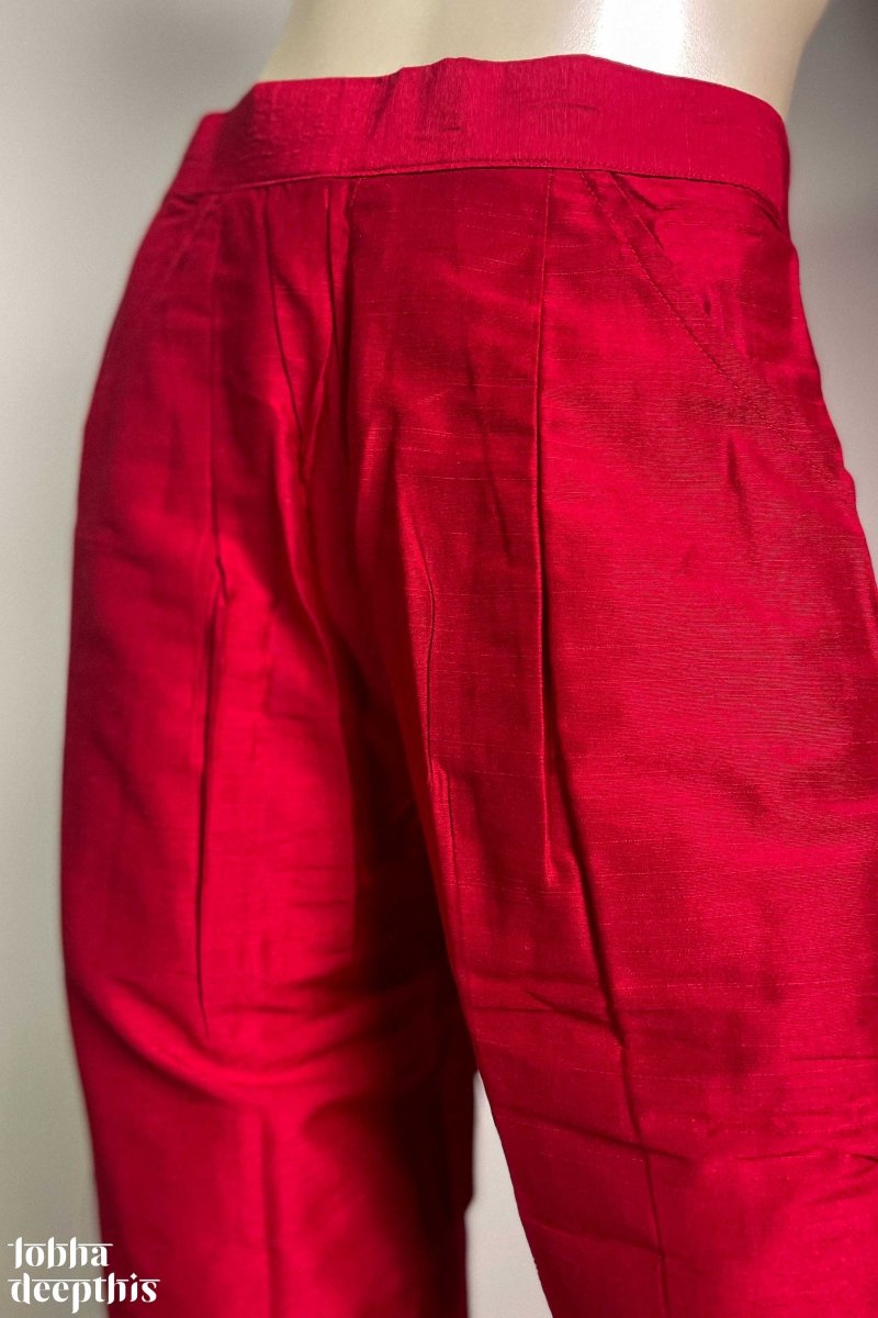 Red Slub Silk Pencil Pants - Lobha Deepthis