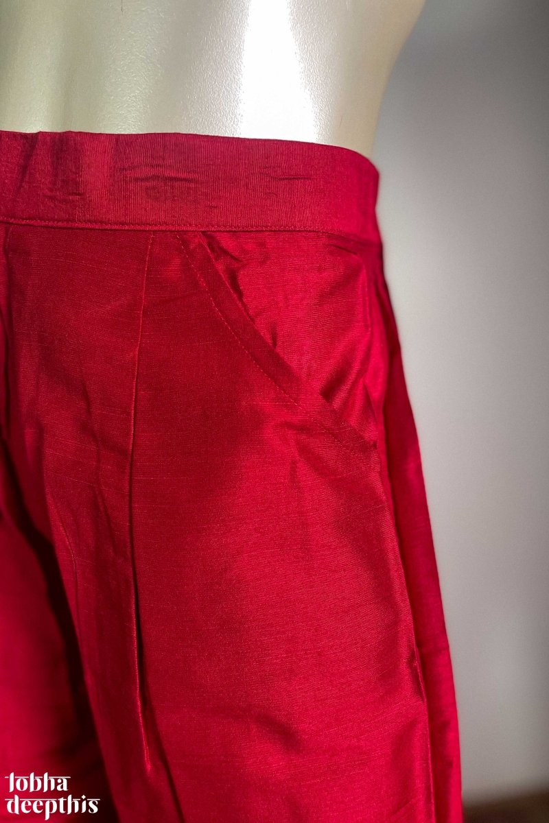 Red Slub Silk Pencil Pants - Lobha Deepthis