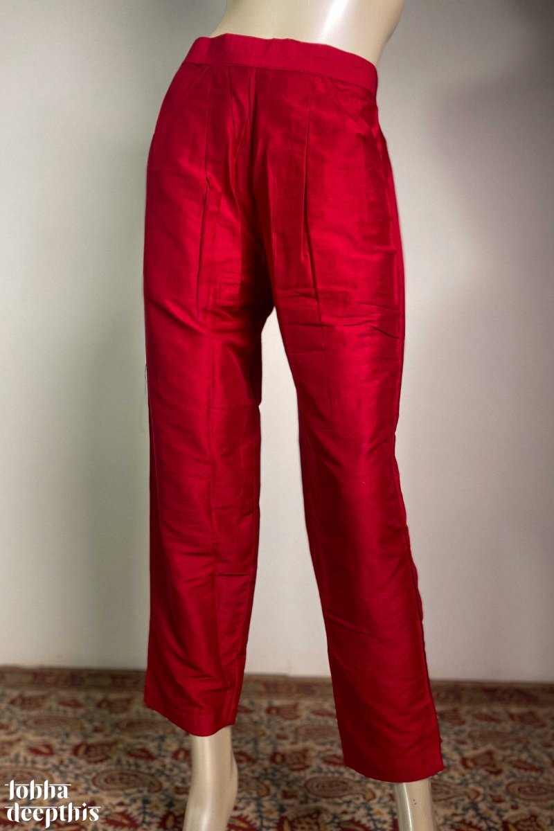 Red Slub Silk Pencil Pants - Lobha Deepthis