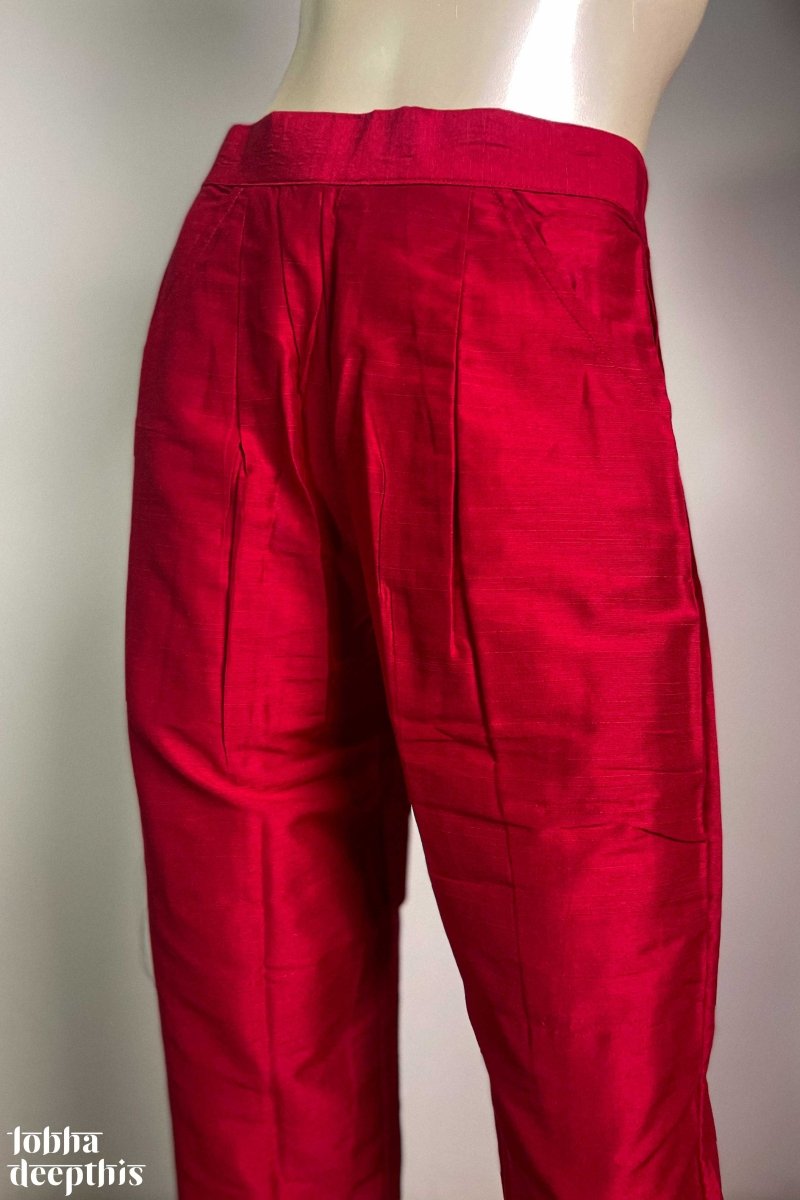 Red Slub Silk Pencil Pants - Lobha Deepthis