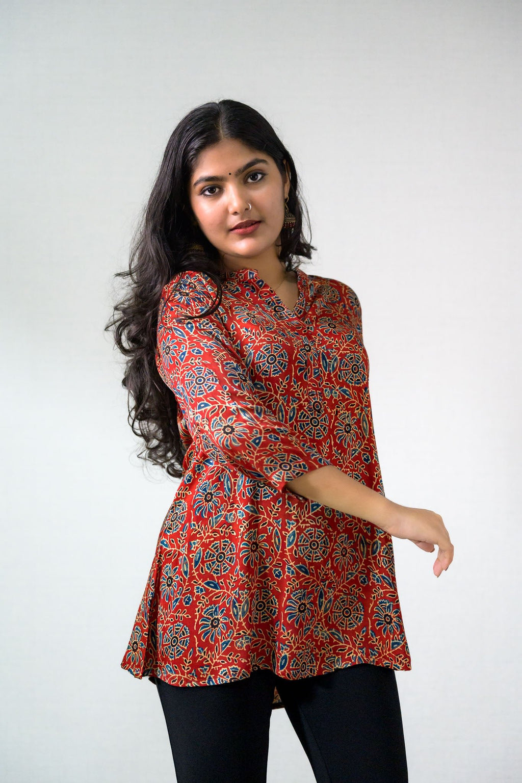 Red Spring Modal Ajrakh Short Top - Lobha Deepthis
