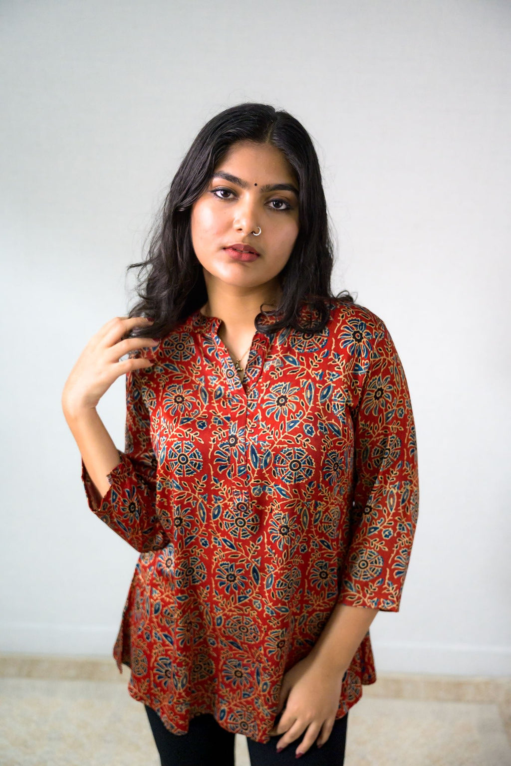 Red Spring Modal Ajrakh Short Top - Lobha Deepthis
