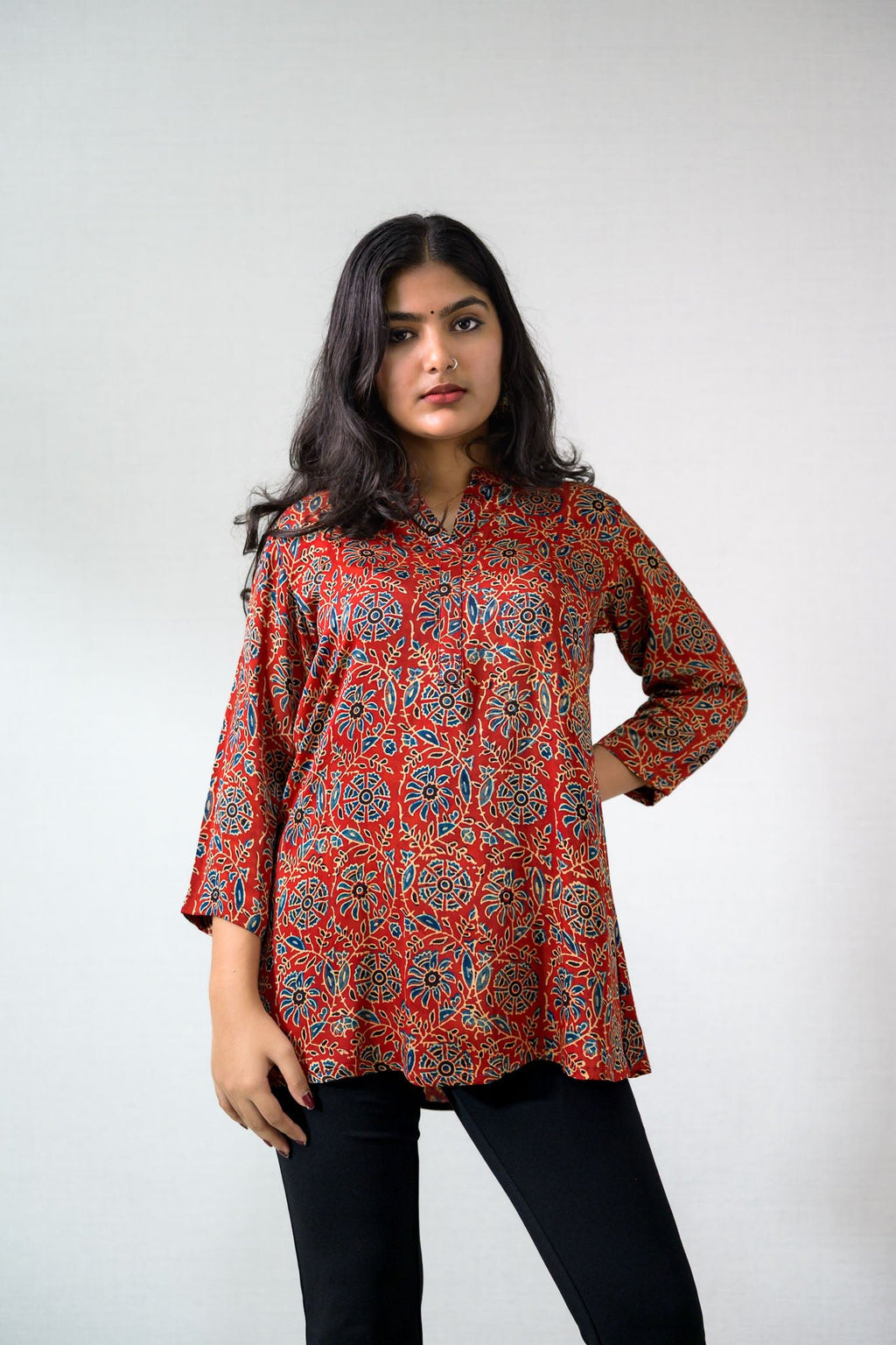 Red Spring Modal Ajrakh Short Top - Lobha Deepthis