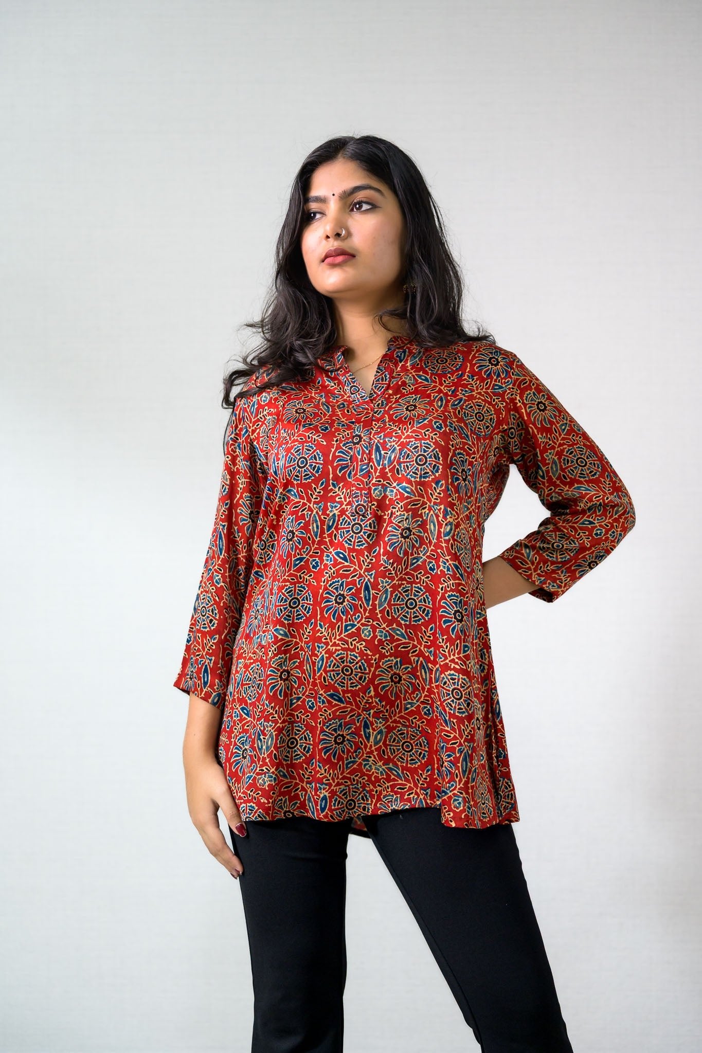 Red Spring Modal Ajrakh Short Top - Lobha Deepthis