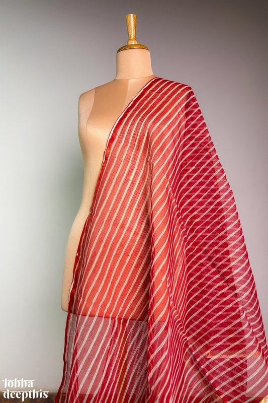 Red Stripes on Cream Sanganeri Kota Doria Dupatta - Lobha Deepthis