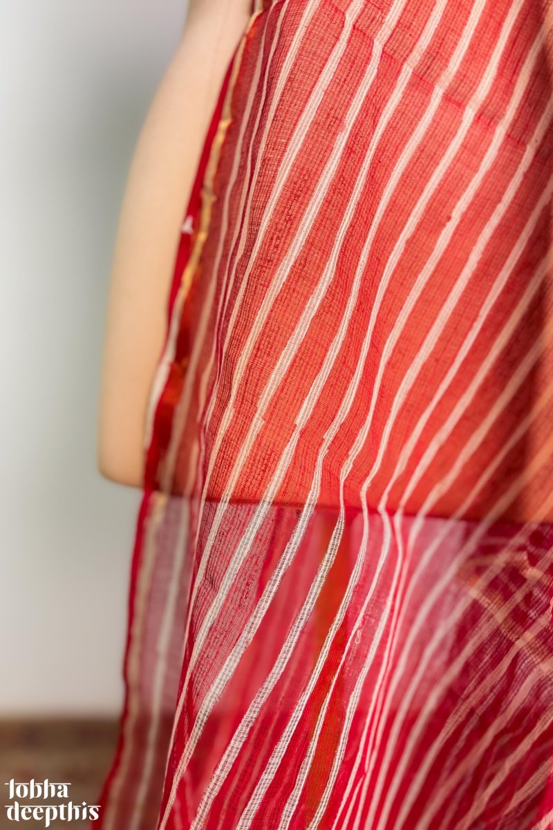 Red Stripes on Cream Sanganeri Kota Doria Dupatta - Lobha Deepthis