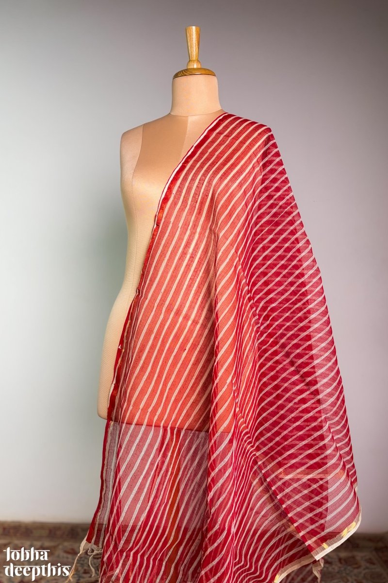 Red Stripes on Cream Sanganeri Kota Doria Dupatta - Lobha Deepthis