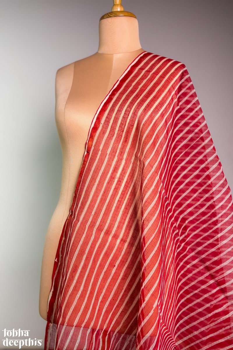 Red Stripes on Cream Sanganeri Kota Doria Dupatta - Lobha Deepthis