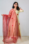 Red Stripes on Cream Sanganeri Kota Doria Dupatta - Lobha Deepthis