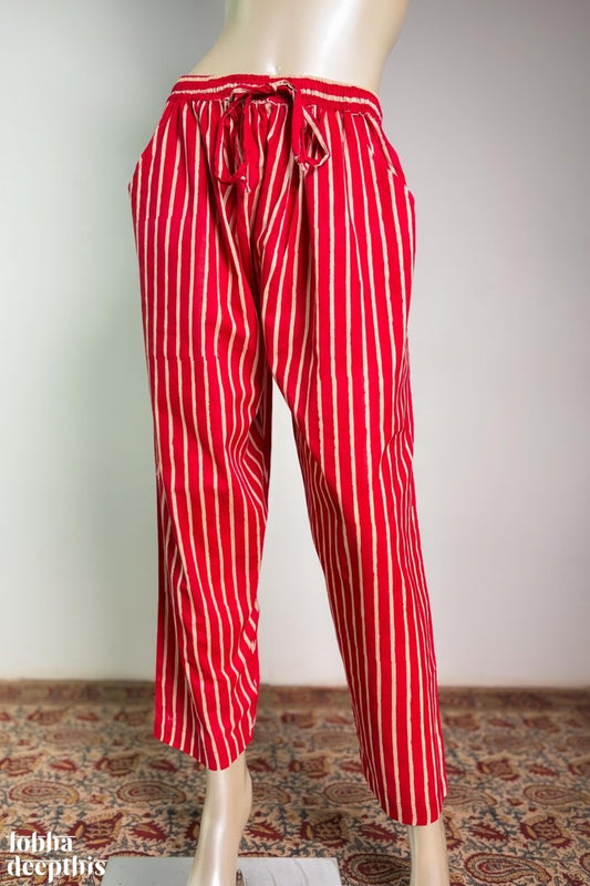 Red Stripes on Cream Sanganeri Straight Pants - Lobha Deepthis