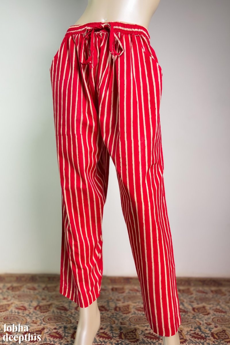 Red Stripes on Cream Sanganeri Straight Pants - Lobha Deepthis