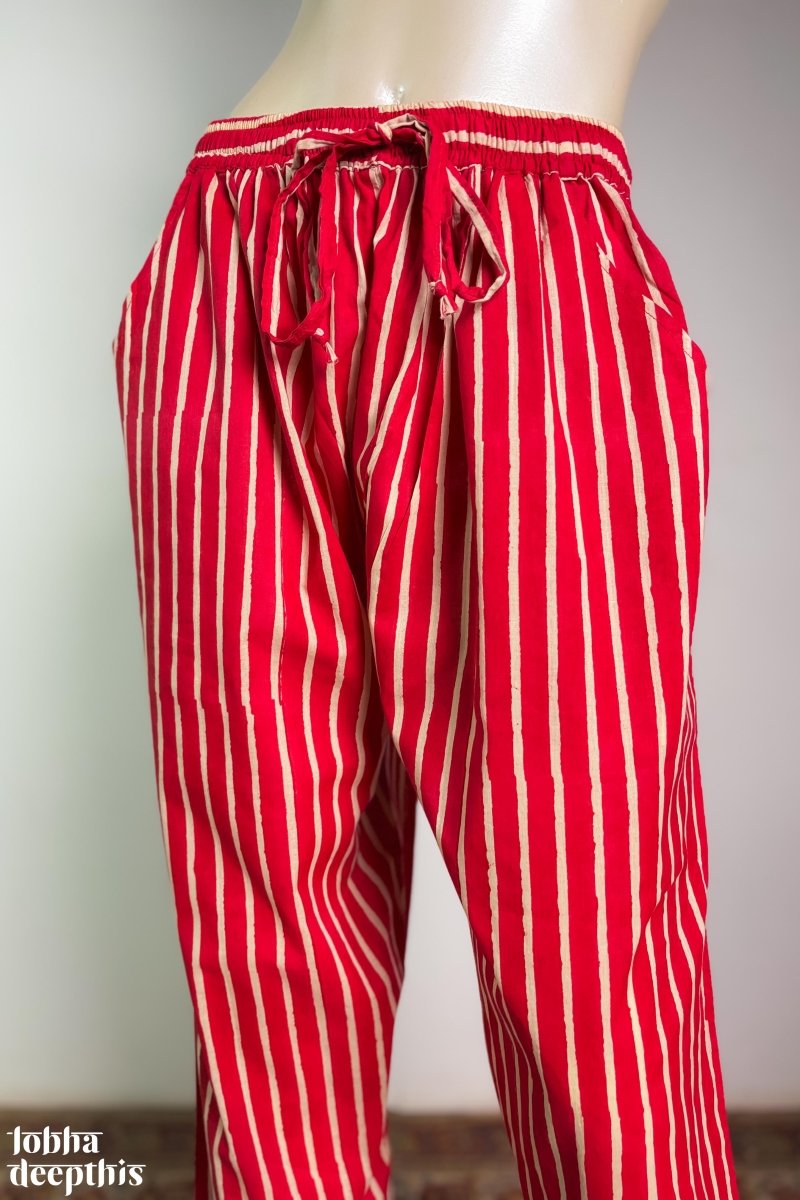 Red Stripes on Cream Sanganeri Straight Pants - Lobha Deepthis